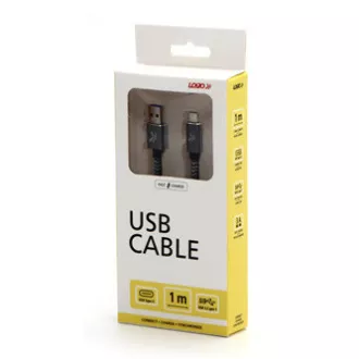 Cablu USB cu logo (3.2 gen 1), USB A tată - USB C tată, 1m, 5 Gb/s, 5V/3A, gri, cutie, împletitură metalică, capac conector din aluminiu