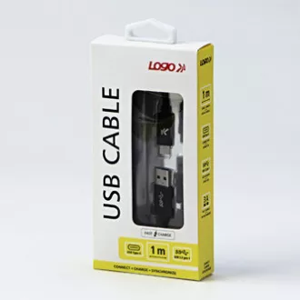 Cablu USB cu logo (3.2 gen 1), USB A tată - USB C tată, 1m, 5 Gb/s, 5V/3A, negru, cutie, împletitură de nailon, conector capac din aluminiu