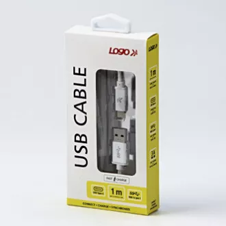Cablu USB cu logo (3.2 gen 1), USB A tată - USB C tată, 1m, 5 Gb/s, 5V/3A, alb, cutie, împletitură de nailon, capac conector din aluminiu