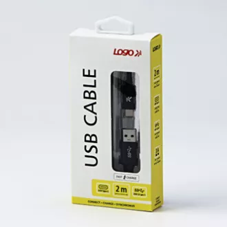 Cablu USB cu logo (3.2 gen 1), USB A tată - USB C tată, 2m, 5 Gb/s, 5V/3A, negru, cutie, împletitură de nailon, conector capac din aluminiu