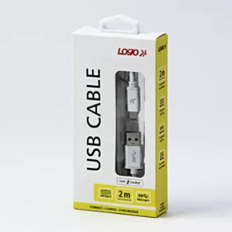 Cablu USB cu logo (3.2 gen 1), USB A tată - USB C tată, 2m, 5 Gb/s, 5V/3A, alb, cutie, împletitură de nailon, capac conector din aluminiu