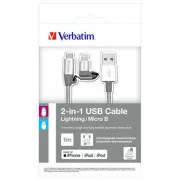 Cablu USB Verbatim (2.0), USB A tată - microUSB tată + Apple Lightning tată, 1m, argintiu, cutie, 48869, 2 în 1 - reglabil