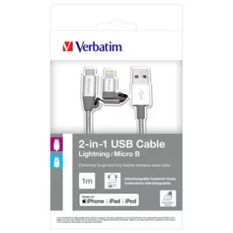 Cablu USB Verbatim (2.0), USB A tată - microUSB tată + Apple Lightning tată, 1m, argintiu, cutie, 48869, 2 în 1 - reglabil