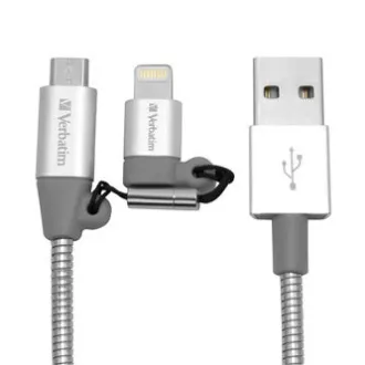 Cablu USB Verbatim (2.0), USB A tată - microUSB tată + Apple Lightning tată, 1m, argintiu, cutie, 48869, 2 în 1 - reglabil