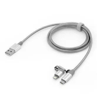 Cablu USB Verbatim (2.0), USB A tată - microUSB tată + Apple Lightning tată, 1m, argintiu, cutie, 48869, 2 în 1 - reglabil