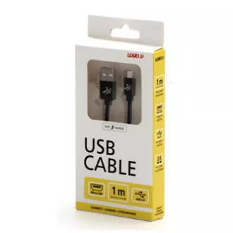 Cablu USB cu logo (2.0), USB A tată - microUSB tată, 1m, 480 Mb/s, 5V/2A, negru, cutie, împletitură nailon, capac conector din aluminiu