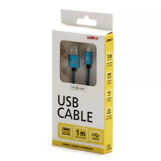 Cablu USB cu logo (2.0), USB A tată - microUSB tată, 1m, 480 Mb/s, 5V/2A, albastru, cutie, împletitură nailon, capac conector din aluminiu Cablu USB cu logo (2.0), USB A tată - microUSB tată, 1m, 480 Mb/s, 5V/2A, albastru, cutie, împletitură nailon, capac conector din aluminiu