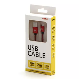 Cablu USB cu logo (2.0), USB A tată - microUSB tată, 1m, 480 Mb/s, 5V/2A, roșu, cutie, împletitură nailon, conector capac din aluminiu