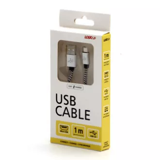 Cablu USB cu logo (2.0), USB A tată - microUSB tată, 1m, 480 Mb/s, 5V/2A, argintiu, cutie, împletitură de nailon, capac de capăt din aluminiu Cablu USB cu logo (2.0), USB A tată - microUSB tată, 1m, 480 Mb/s, 5V/2A, argintiu, cutie, împletitură de nailon, capac de capăt din aluminiu