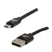 Cablu USB cu logo (2.0), USB A tată - microUSB tată, 2m, 480 Mb/s, 5V/1A, negru, cutie, împletitură nailon, capac conector din aluminiu