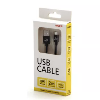 Cablu USB cu logo (2.0), USB A tată - microUSB tată, 2m, 480 Mb/s, 5V/1A, negru, cutie, împletitură nailon, capac conector din aluminiu