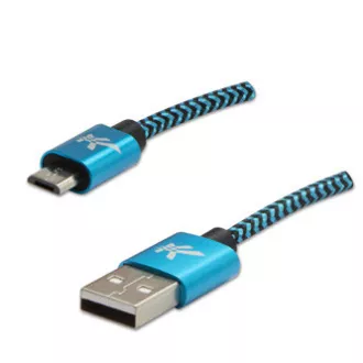 Cablu USB cu logo (2.0), USB A tată - microUSB tată, 2m, 480 Mb/s, 5V/1A, albastru, cutie, împletitură nailon, capac conector din aluminiu