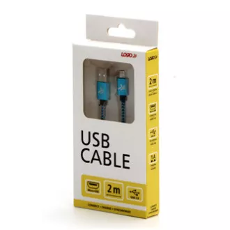 Cablu USB cu logo (2.0), USB A tată - microUSB tată, 2m, 480 Mb/s, 5V/1A, albastru, cutie, împletitură nailon, capac conector din aluminiu