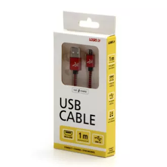 Cablu USB cu logo (2.0), USB A tată - microUSB tată, 2m, 480 Mb/s, 5V/1A, roșu, cutie, împletitură nailon, conector capac din aluminiu