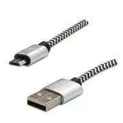 Cablu USB cu logo (2.0), USB A tată - microUSB tată, 2m, 480 Mb/s, 5V/1A, argintiu, cutie, împletitură de nailon, capac de capăt din aluminiu
