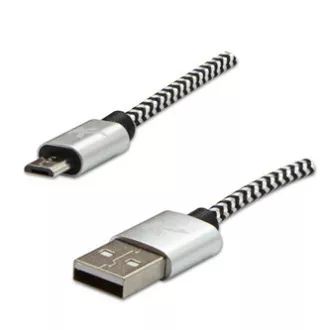 Cablu USB cu logo (2.0), USB A tată - microUSB tată, 2m, 480 Mb/s, 5V/1A, argintiu, cutie, împletitură de nailon, capac de capăt din aluminiu