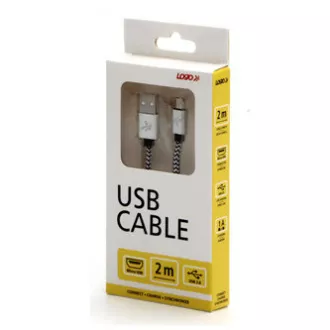 Cablu USB cu logo (2.0), USB A tată - microUSB tată, 2m, 480 Mb/s, 5V/1A, argintiu, cutie, împletitură de nailon, capac de capăt din aluminiu