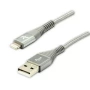 Cablu USB cu logo (2.0), USB A tată - Apple Lightning tată, 1m, certificare MFi, 5V/2.4A, argintiu, cutie, împletitură nailon, hli