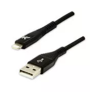 Cablu USB cu logo (2.0), USB A tată - Apple Lightning tată, 1m, certificare MFi, 5V/2.4A, negru, cutie, împletitură nailon, aluminiu