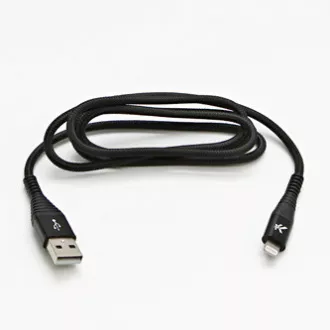 Cablu USB cu logo (2.0), USB A tată - Apple Lightning tată, 1m, certificare MFi, 5V/2.4A, negru, cutie, împletitură nailon, aluminiu
