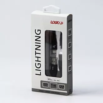 Cablu USB cu logo (2.0), USB A tată - Apple Lightning tată, 1m, certificare MFi, 5V/2.4A, negru, cutie, împletitură nailon, aluminiu