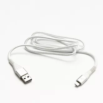 Cablu USB cu logo (2.0), USB A tată - Apple Lightning tată, 1m, certificare MFi, 5V/2.4A, alb, cutie, împletitură nailon, aluminiu