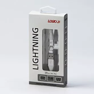 Cablu USB cu logo (2.0), USB A tată - Apple Lightning tată, 1m, certificare MFi, 5V/2.4A, alb, cutie, împletitură nailon, aluminiu