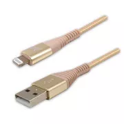 Cablu USB cu logo (2.0), USB A tată - Apple Lightning tată, 1m, certificare MFi, 5V/2.4A, auriu, cutie, împletitură nailon, aluminiu