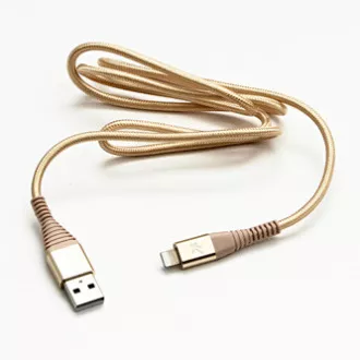 Cablu USB cu logo (2.0), USB A tată - Apple Lightning tată, 1m, certificare MFi, 5V/2.4A, auriu, cutie, împletitură nailon, aluminiu