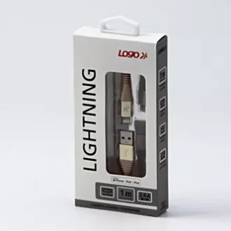 Cablu USB cu logo (2.0), USB A tată - Apple Lightning tată, 1m, certificare MFi, 5V/2.4A, auriu, cutie, împletitură nailon, aluminiu