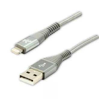 Cablu USB cu logo (2.0), USB A tată - Apple Lightning tată, 2m, certificare MFi, 5V/2.4A, argintiu, cutie, împletitură nailon, hli