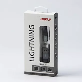 Cablu USB cu logo (2.0), USB A tată - Apple Lightning tată, 2m, certificare MFi, 5V/2.4A, argintiu, cutie, împletitură nailon, hli