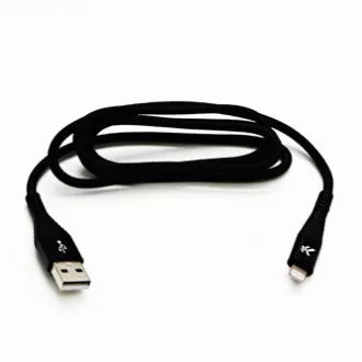 Cablu USB cu logo (2.0), USB A tată - Apple Lightning tată, 2m, certificare MFi, 5V/2.4A, negru, cutie, împletitură nailon, aluminiu