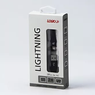 Cablu USB cu logo (2.0), USB A tată - Apple Lightning tată, 2m, certificare MFi, 5V/2.4A, negru, cutie, împletitură nailon, aluminiu