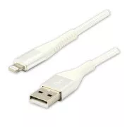 Cablu USB cu logo (2.0), USB A tată - Apple Lightning tată, 2m, certificare MFi, 5V/2.4A, alb, cutie, împletitură nailon, aluminiu