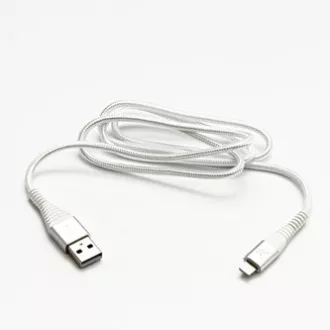 Cablu USB cu logo (2.0), USB A tată - Apple Lightning tată, 2m, certificare MFi, 5V/2.4A, alb, cutie, împletitură nailon, aluminiu