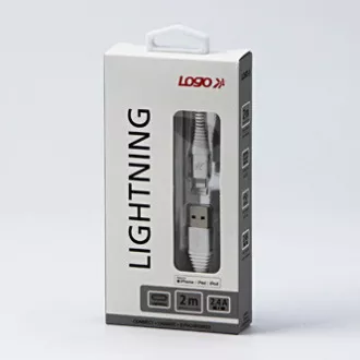 Cablu USB cu logo (2.0), USB A tată - Apple Lightning tată, 2m, certificare MFi, 5V/2.4A, alb, cutie, împletitură nailon, aluminiu