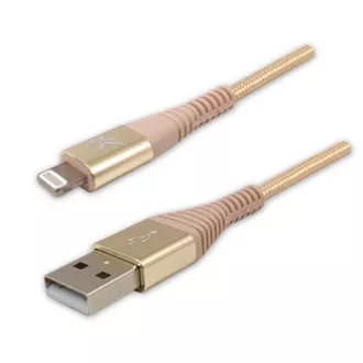 Cablu USB cu logo (2.0), USB A tată - Apple Lightning tată, 2m, certificare MFi, 5V/2.4A, auriu, cutie, împletitură nailon, aluminiu