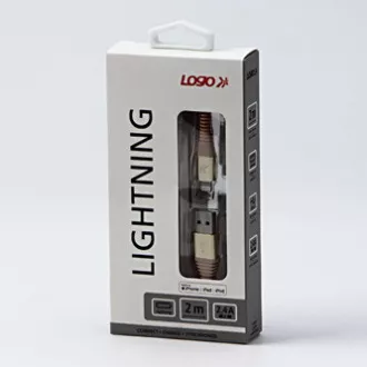 Cablu USB cu logo (2.0), USB A tată - Apple Lightning tată, 2m, certificare MFi, 5V/2.4A, auriu, cutie, împletitură nailon, aluminiu