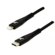 Cablu USB cu logo (2.0), USB C tată - Apple Lightning tată, 1m, certificare MFi, 5V/3A, negru, cutie, împletitură de nailon, aluminiu