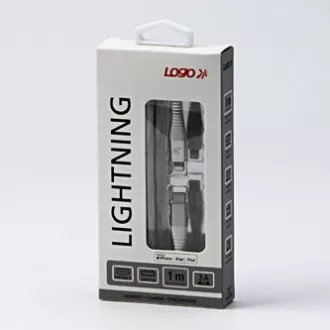 Cablu USB cu logo (2.0), USB C tată - Apple Lightning tată, 1m, certificare MFi, 5V/3A, alb, cutie, împletitură nailon, aluminiu