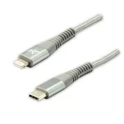 Cablu USB cu logo (2.0), USB C tată - Apple Lightning tată, 2m, certificare MFi, 5V/3A, argintiu, cutie, împletitură de nailon, lut