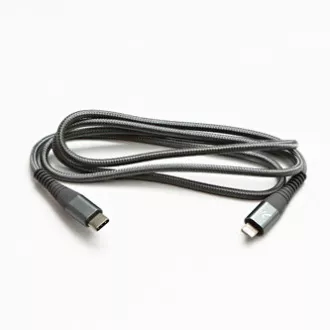 Cablu USB cu logo (2.0), USB C tată - Apple Lightning tată, 2m, certificare MFi, 5V/3A, argintiu, cutie, împletitură de nailon, lut