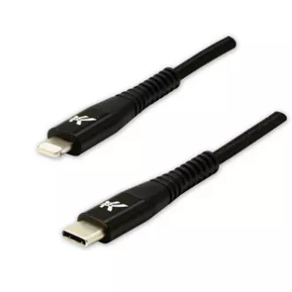 Cablu USB cu logo (2.0), USB C tată - Apple Lightning tată, 2m, certificare MFi, 5V/3A, negru, cutie, împletitură nailon, aluminiu