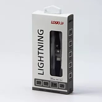 Cablu USB cu logo (2.0), USB C tată - Apple Lightning tată, 2m, certificare MFi, 5V/3A, negru, cutie, împletitură nailon, aluminiu