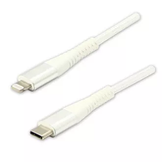 Cablu USB cu logo (2.0), USB C tată - Apple Lightning tată, 2m, certificare MFi, 5V/3A, alb, cutie, împletitură nailon, aluminiu