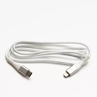 Cablu USB cu logo (2.0), USB C tată - Apple Lightning tată, 2m, certificare MFi, 5V/3A, alb, cutie, împletitură nailon, aluminiu