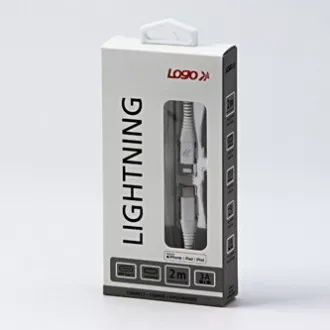 Cablu USB cu logo (2.0), USB C tată - Apple Lightning tată, 2m, certificare MFi, 5V/3A, alb, cutie, împletitură nailon, aluminiu