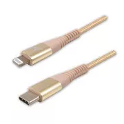 Cablu USB cu logo (2.0), USB C tată - Apple Lightning tată, 2m, certificare MFi, 5V/3A, auriu, cutie, împletitură nailon, aluminiu