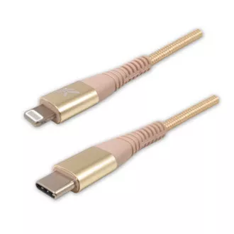 Cablu USB cu logo (2.0), USB C tată - Apple Lightning tată, 2m, certificare MFi, 5V/3A, auriu, cutie, împletitură nailon, aluminiu